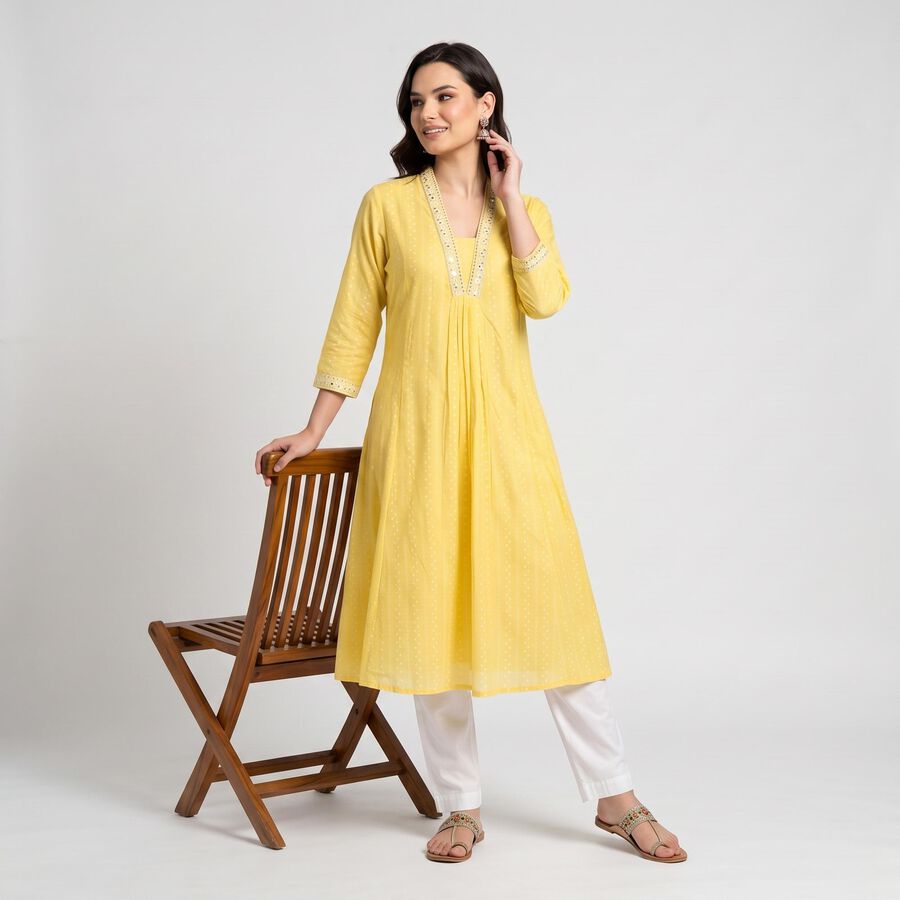 Women's Yellow V-Neck A-Line Kurta, Yellow, large