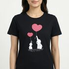 Women's Black Cotton Round Neck Casual T-Shirt, काला, small