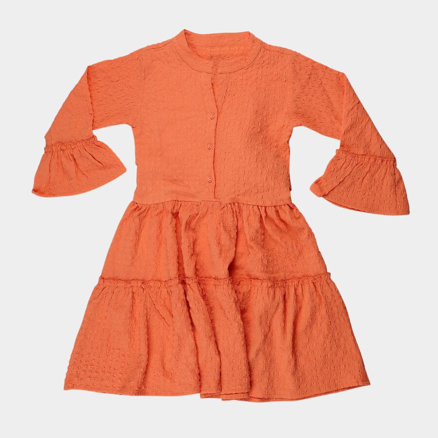 Girls' Orange Round Neck Textured Fit and Flare Dress, Orange, large