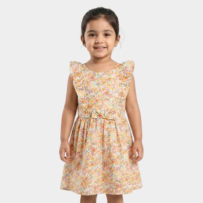 Girls' Beige Floral Printed Fit and Flare Frock