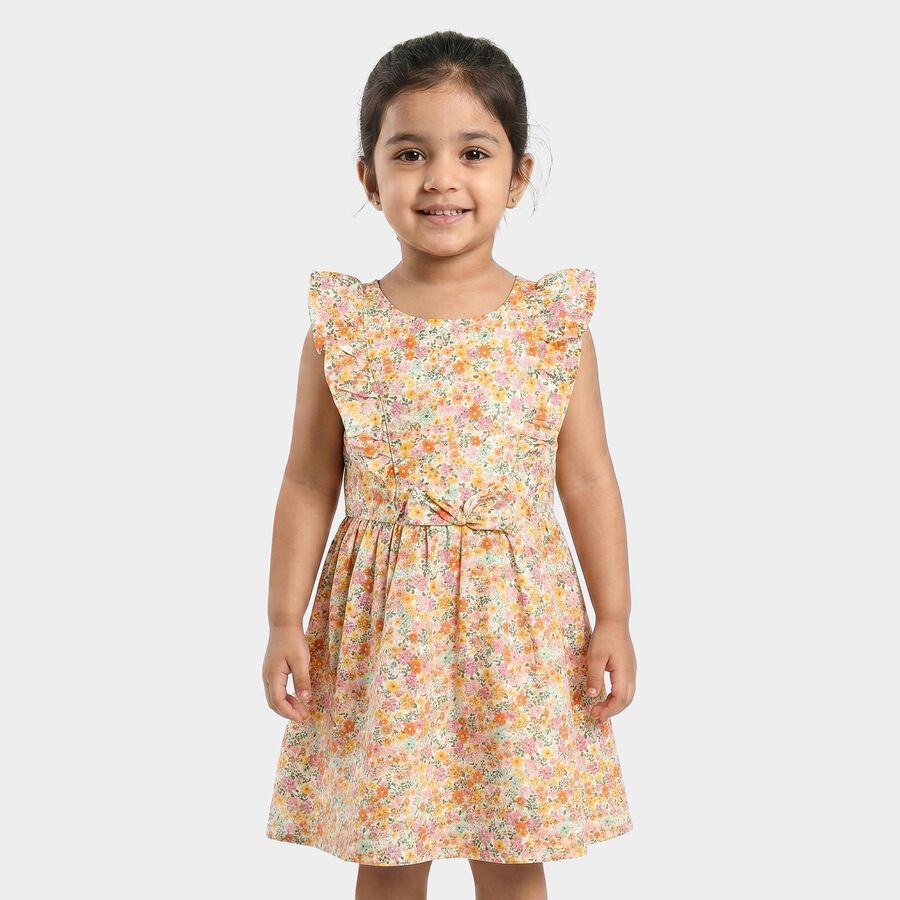 Girls' Beige Floral Printed Fit and Flare Frock, Beige, large