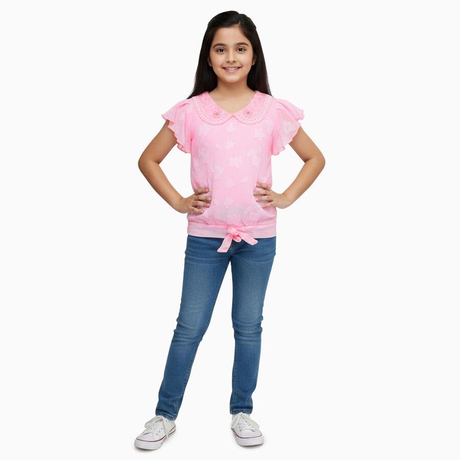 Girls' Bright Fuchsia Pink Round Neck Casual T-Shirt, गुलाबी, large