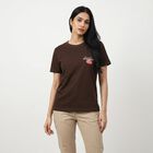 Women's Brown Round Neck Graphic Print Regular T-Shirt, Brown, small
