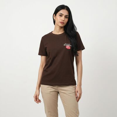 Women's Brown Round Neck Graphic Print Regular T-Shirt