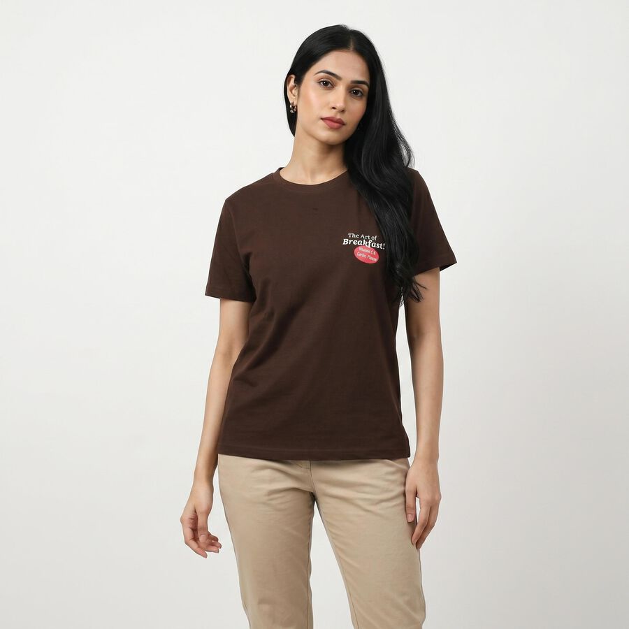 Women's Brown Round Neck Graphic Print Regular T-Shirt, Brown, large