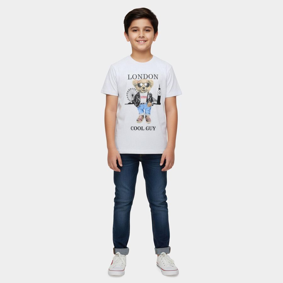 Boys Ecru Melange Round Neck Casual Half Sleeve T-Shirt, Ecru Melange, large