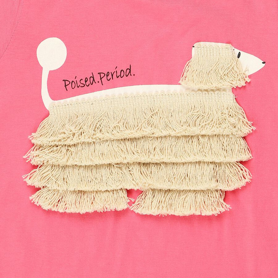 Girls' Pink Cotton Round Neck Romantic T-Shirt, Pink, large