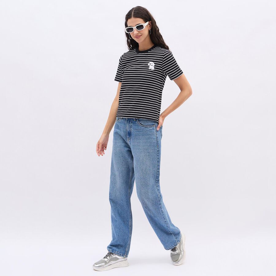 Women's Jet Black Cotton Round Neck Casual T-Shirt, काला, large image number null