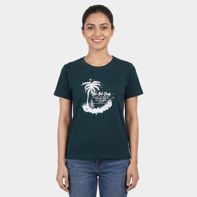 Women's Dark Green Round Neck Casual T-Shirt