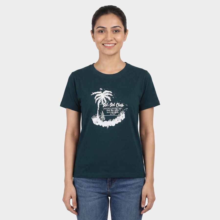Women's Dark Green Round Neck Casual T-Shirt, Dark Green, large