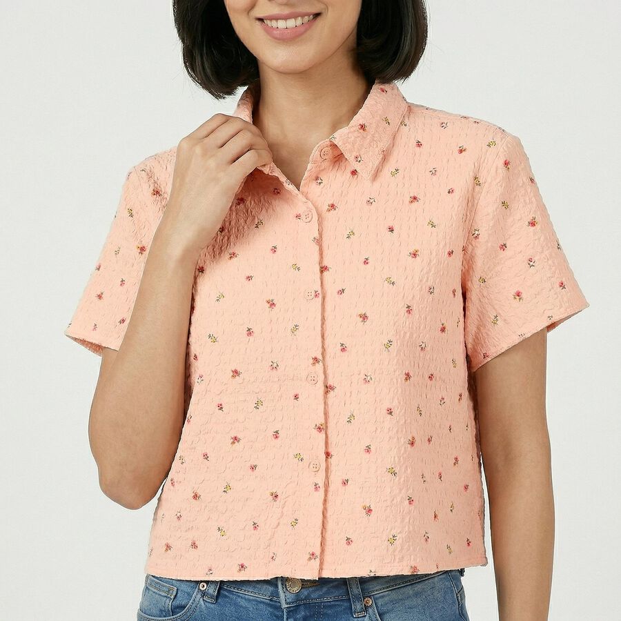 Women's Light Pink Half Sleeve Spread Collar Casual Shirt, Light Pink, large