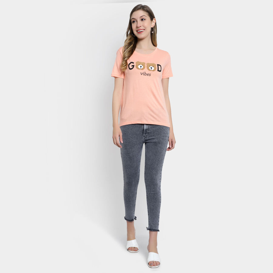 Embellished Round Neck T-Shirt, Peach, large image number null