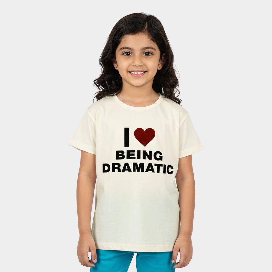 Girls White Round Neck Casual T-Shirt, सफ़ेद, large