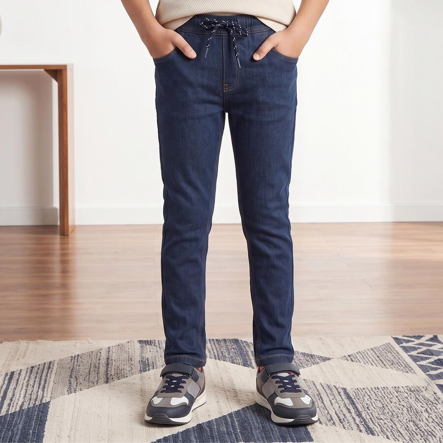 Boys' Navy Blue Straight Fit Drawstring Waist Jeans, Dark Blue, large