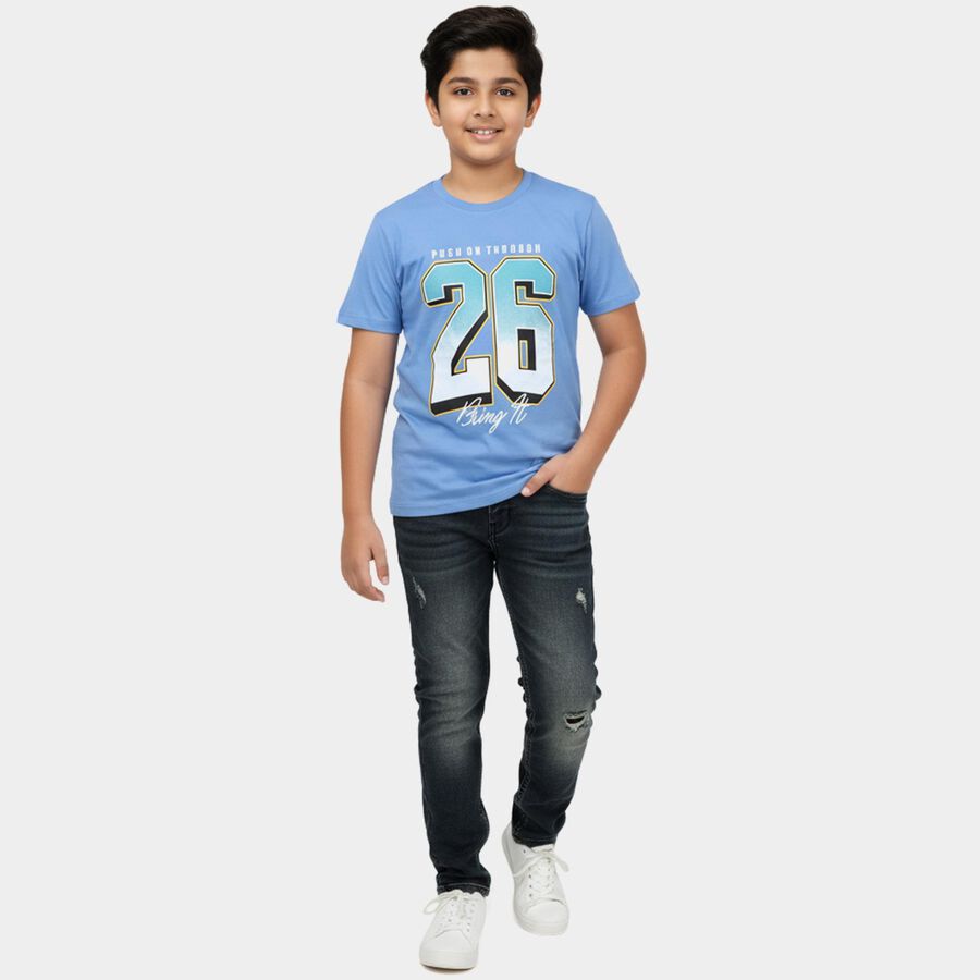 Boys' Navy Blue Round Neck Graphic Printed Casual T-Shirt, Mid Blue, large