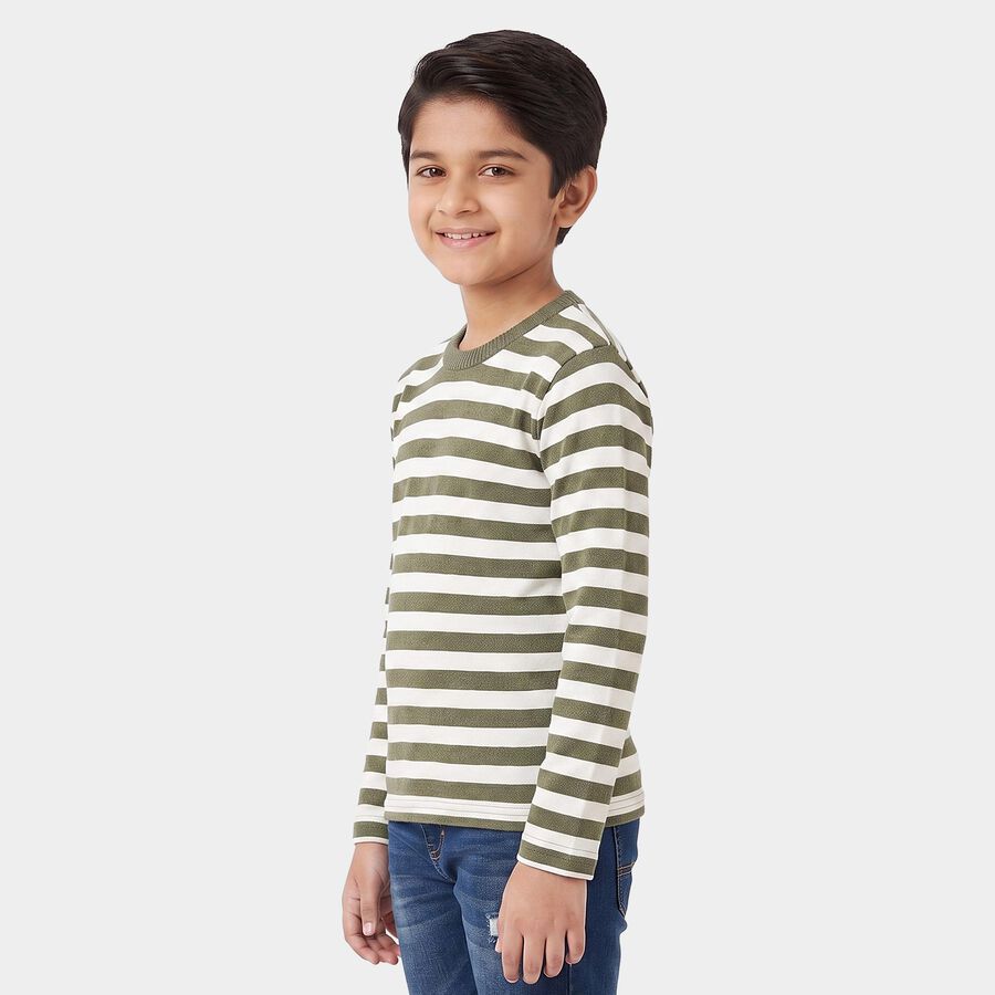 Boys' Olive Green Crew Neck Striped Pullover, ओलिव, large