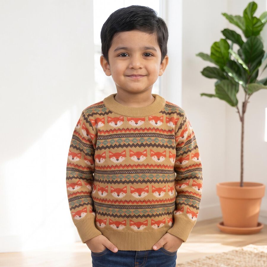 Boys' Beige Crew Neck Printed Pullover, Beige, large
