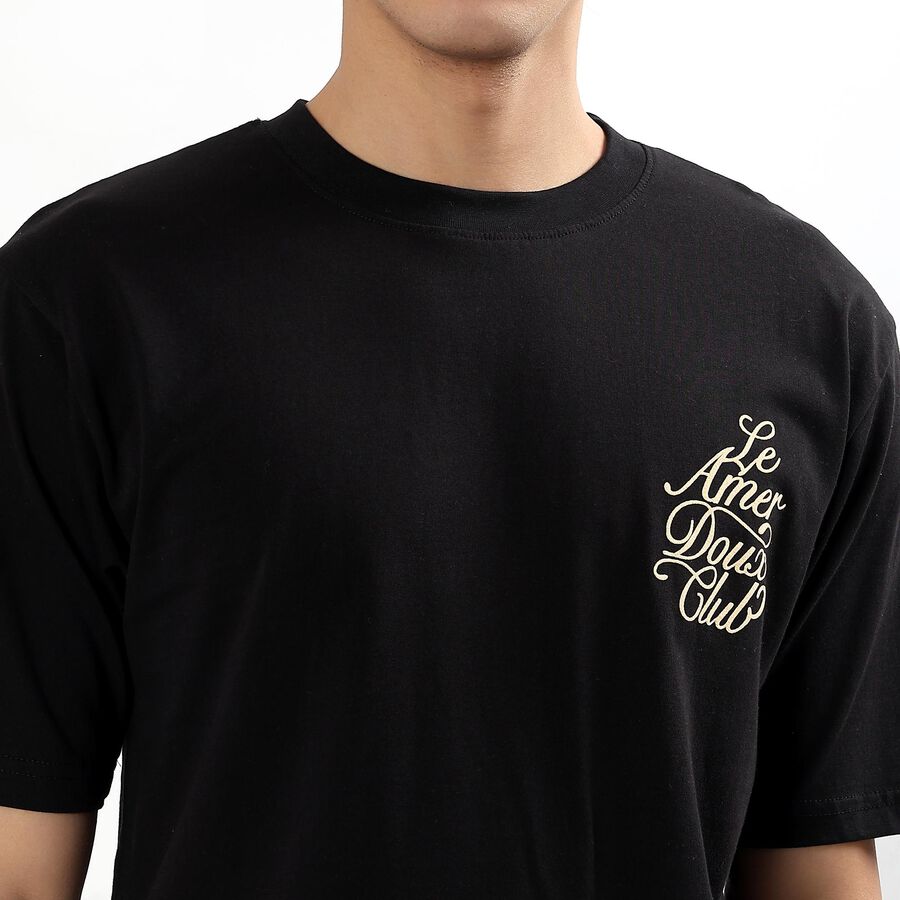 Men's Jet Black Cotton Round Neck Casual T-Shirt, काला, large