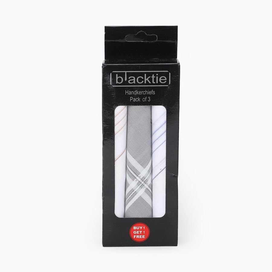Men's White and Grey Checked Pack of 3 Handkerchief, White, large