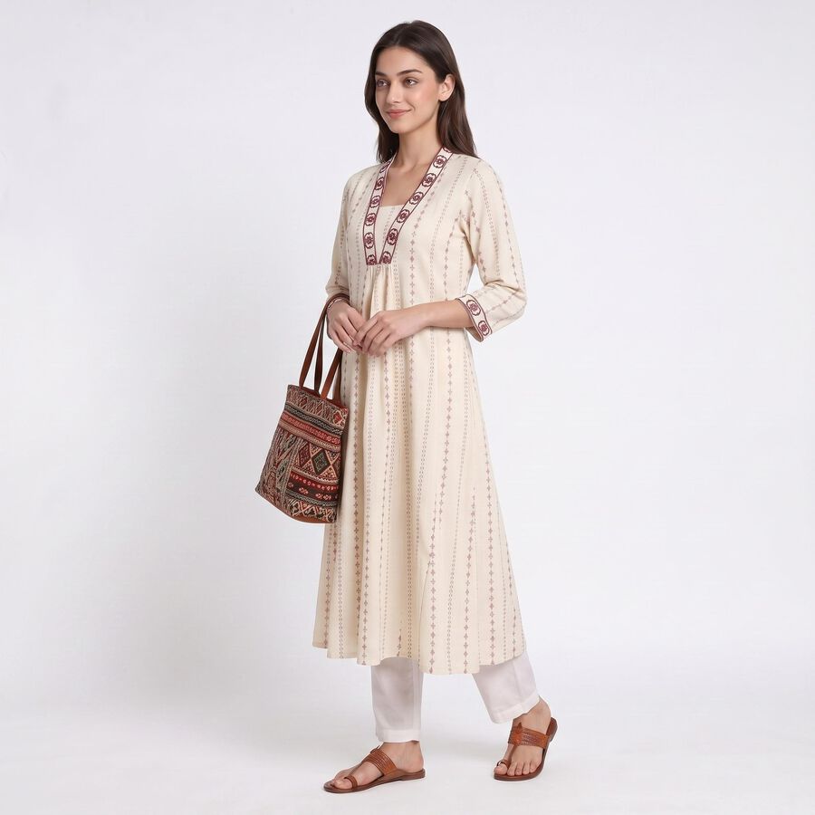 Women's Off White Cotton V-Neck Printed Kurta, Off White, large