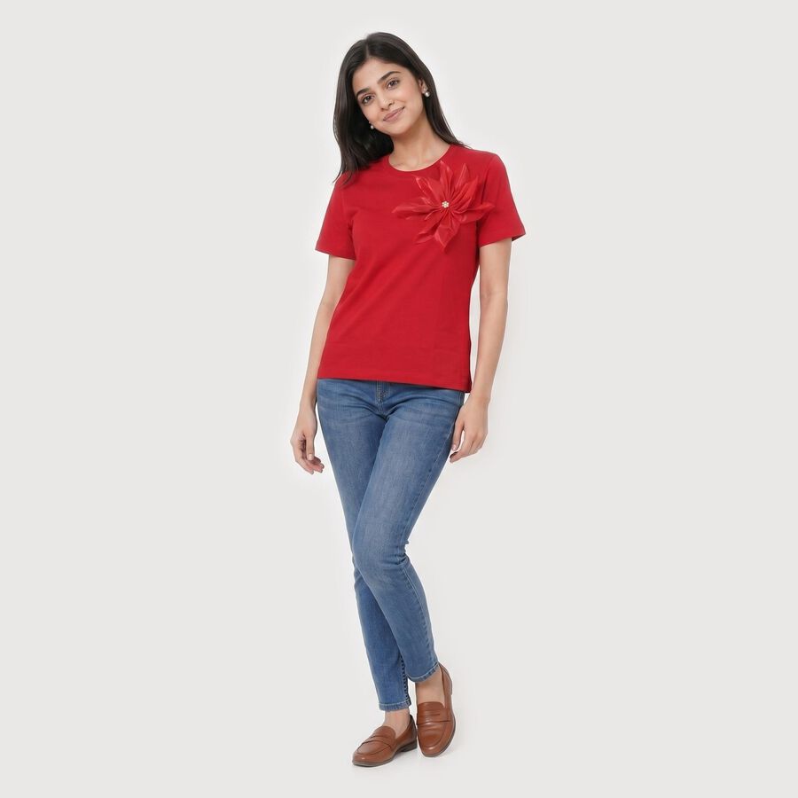 Women Fuchsia Round Neck Regular T-Shirt, Fuchsia, large
