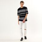 Men's Black Round Neck Casual Striped T-Shirt, Black, small