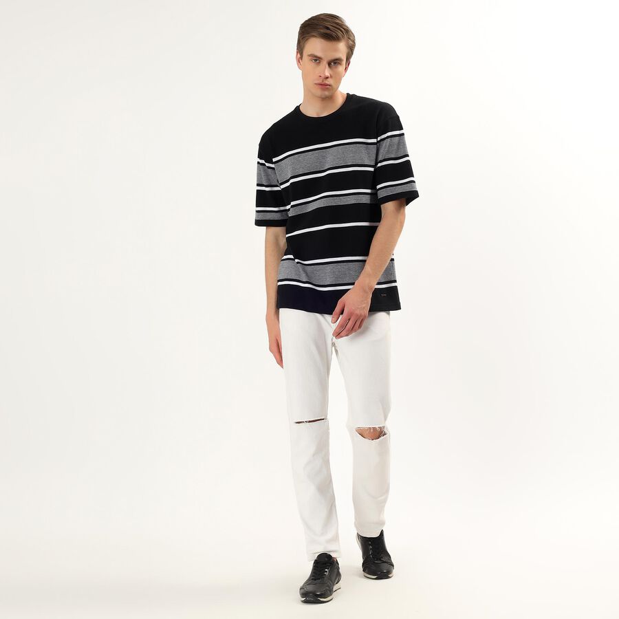 Men's Black Round Neck Casual Striped T-Shirt, Black, large