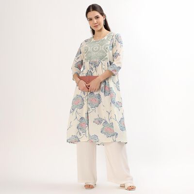 Women's Light Ivory Round Neck Mirror Work Floral Printed Kurta