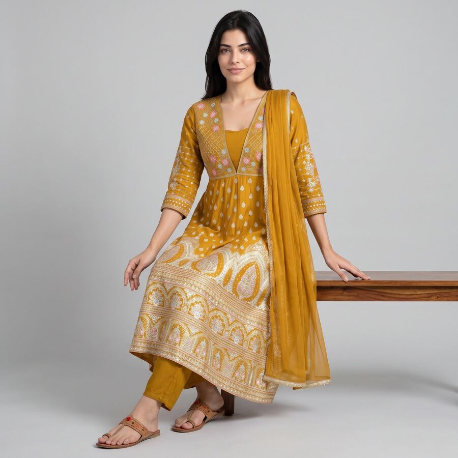 Women's Mustard Floral Printed Ethnic Set, Mustard, large