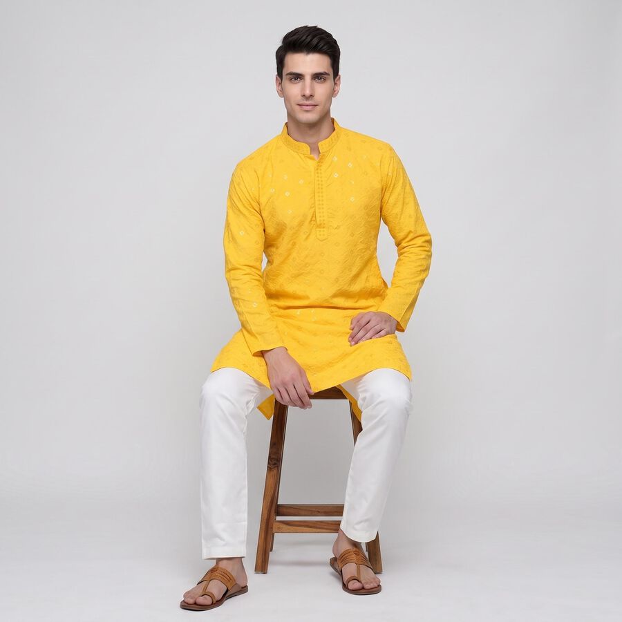Men's Yellow Mandarin Collar Embroidered Kurta Set, पीला, large