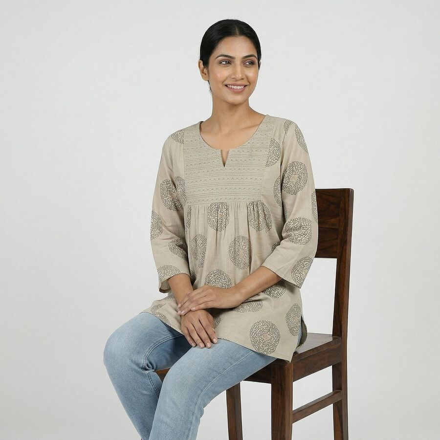 Women's Beige Round Neck Solid Kurti, Beige, large