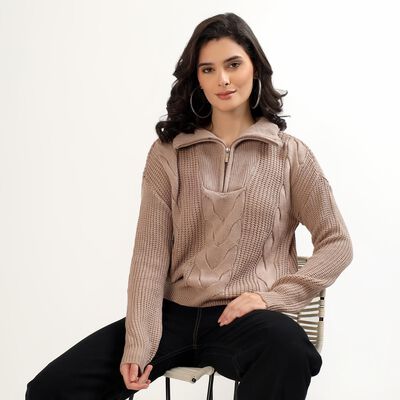 Women's Muted Beige Half-Zip Casual Pullover