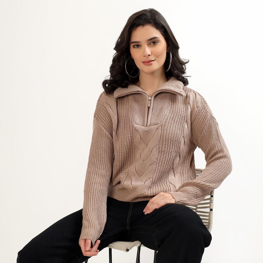 Women's Muted Beige Half-Zip Casual Pullover, भूरा, large image number null