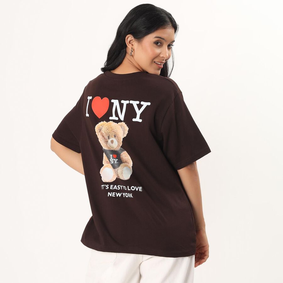 Women's Brown Cotton Round Neck Minimalist T-Shirt, Brown, large