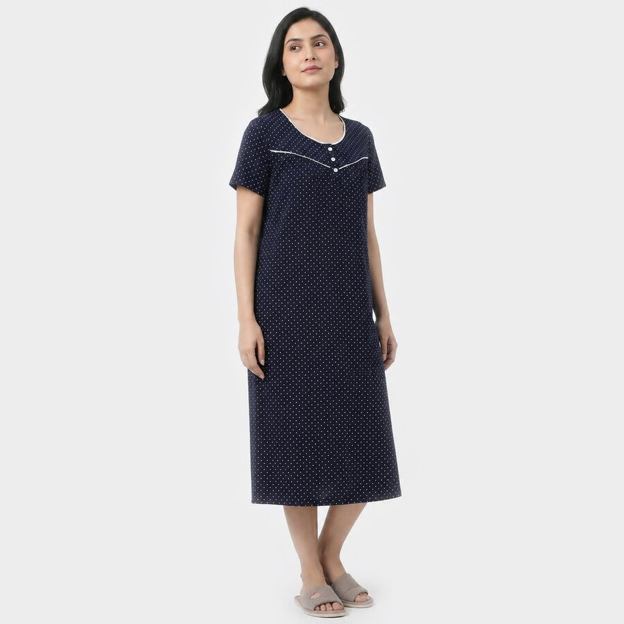 Women's Navy Blue Round Neck Maxi and Gown Nighty, Navy Blue, large