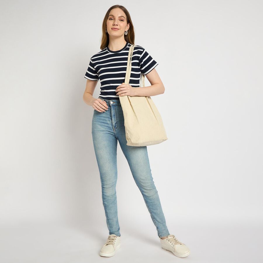 Ladies'  Stripes Round Neck T-Shirt, Navy Blue, large