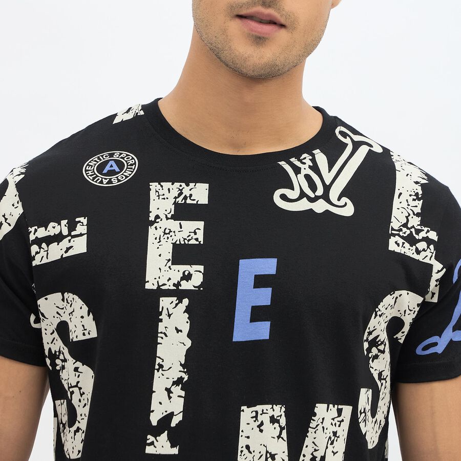 Men's Jet Black Cotton Round Neck Graphic T-Shirt, काला, large