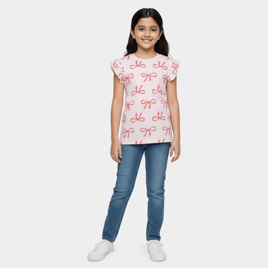 Girls Light Pink Cotton Round Neck Casual T-Shirt, हल्का गुलाबी, large