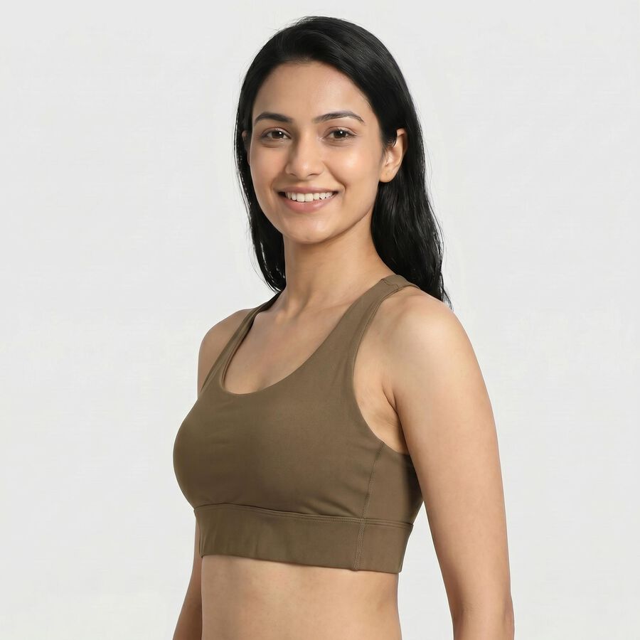Women's Brown Scoop Neck Sports Bra, भूरा, large