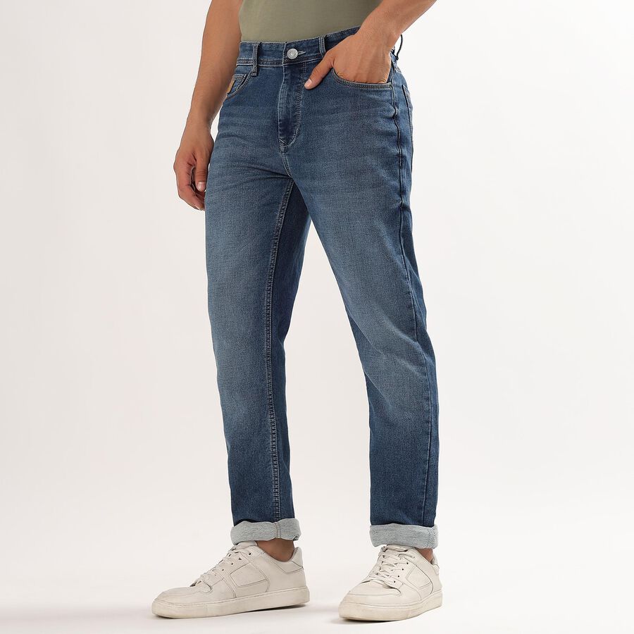 Men's Stonewashed Blue Slim Fit Five-Pocket Jeans, Mid Blue, large image number null