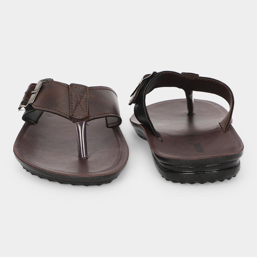 Men's Brown PU Buckle Strap Thong Sandals, भूरा, large