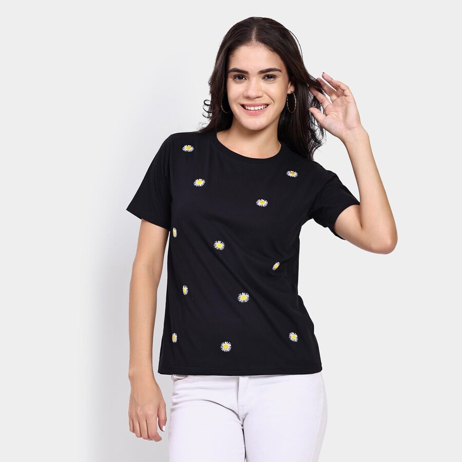 Ladies' Round Neck T-Shirt , काला, large image number null