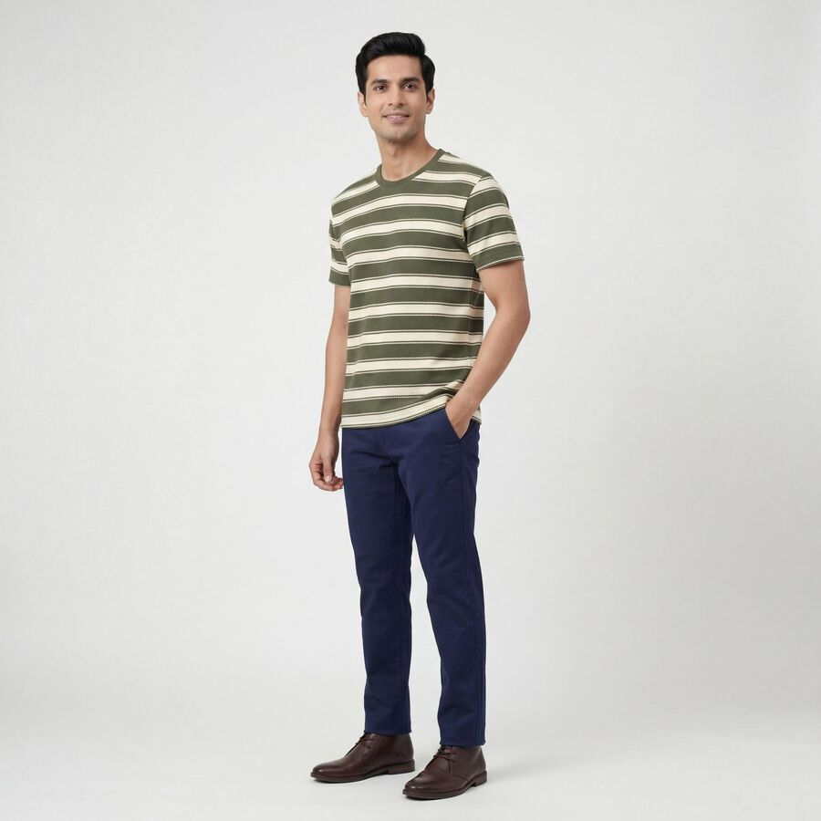 Men Olive Green Round Neck Casual T-Shirt, Olive, large