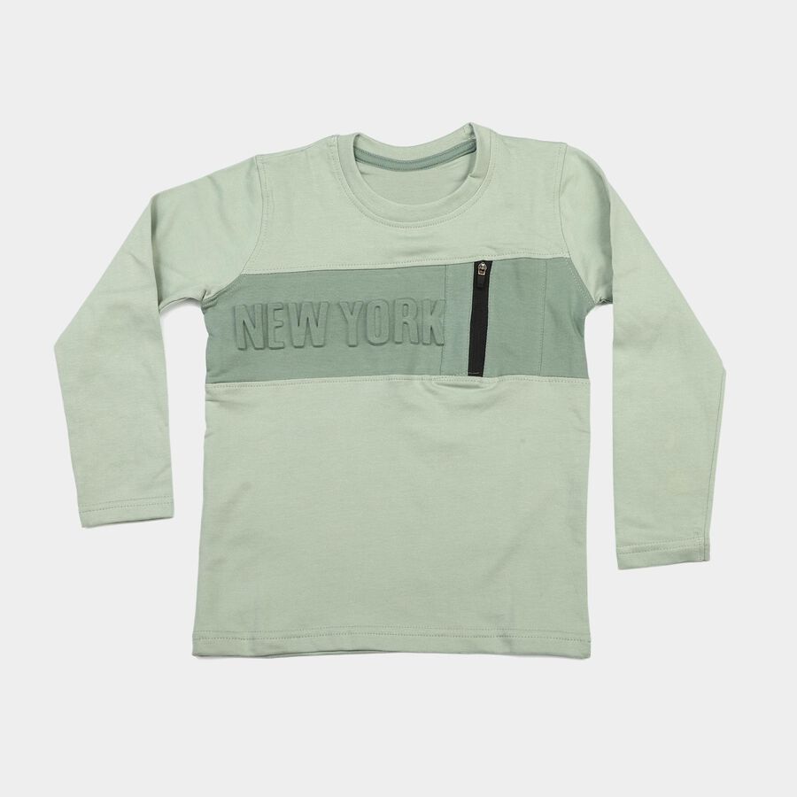 Boys' Mint Green Cotton Round Neck Regular T-Shirt, हल्का हरा, large