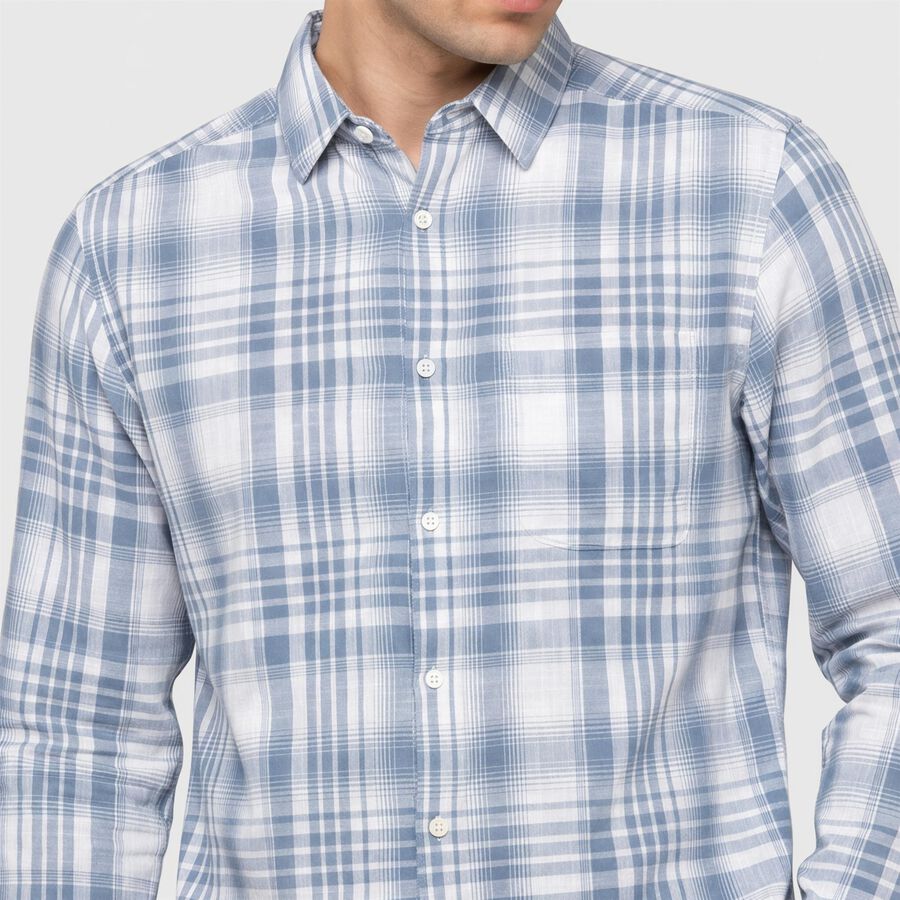 Men's Blue Cotton Long Sleeve Checked Regular Fit Shirt, मध्यम नीला, large
