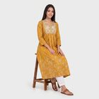 Women's Mustard Round Neck Embroidered Kurta, Mustard, small