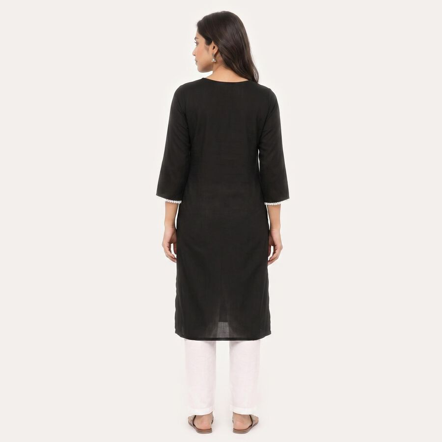 Women's Black Round Neck Embroidered Kurta, काला, large