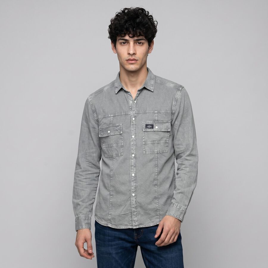 Men's Grey Cotton Spread Collar Casual Shirt, हल्का ग्रे, large