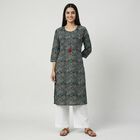 Women's Dark Green Cotton Round Neck Floral Printed Kurta, गहरा हरा, small