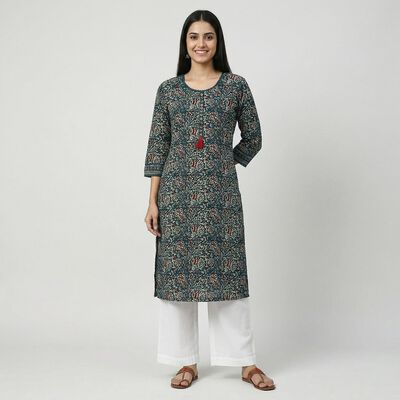 Women's Dark Green Cotton Round Neck Floral Printed Kurta